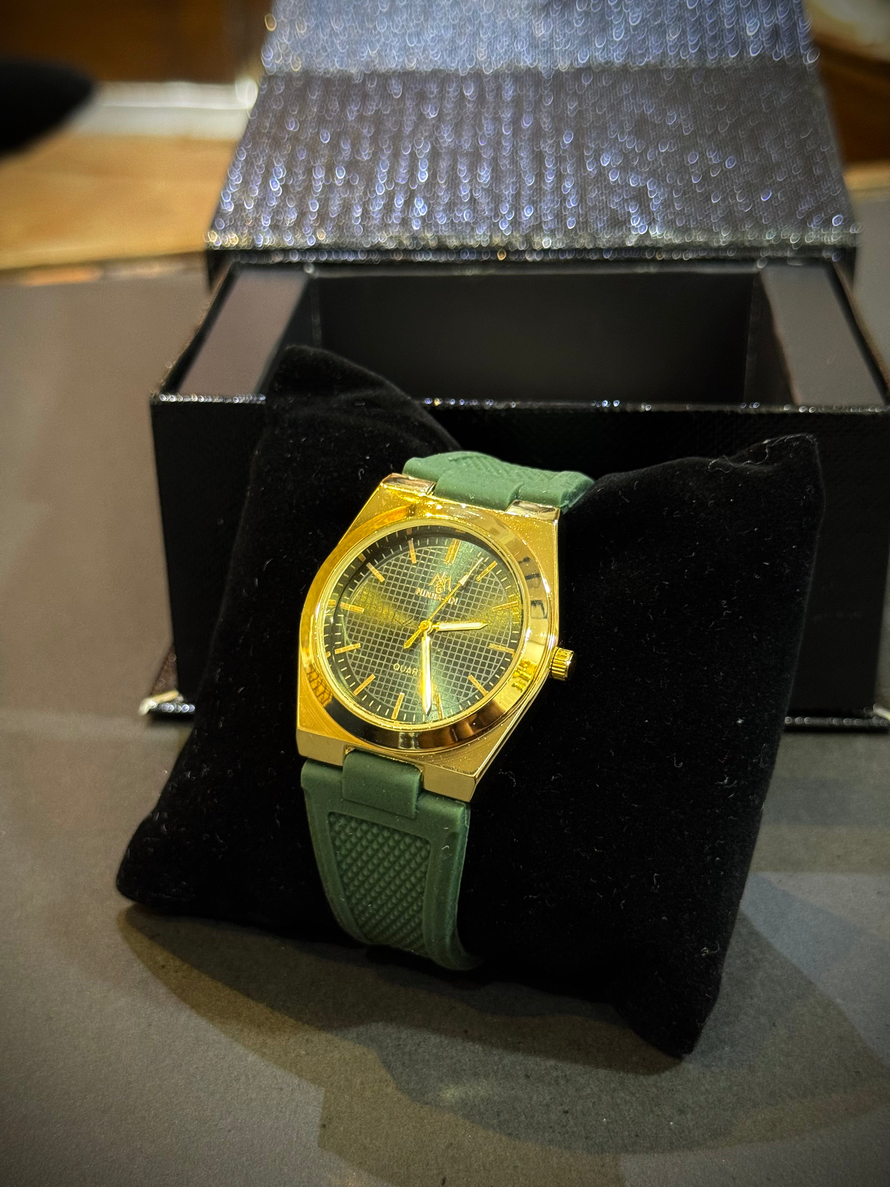 Luxury Green Strap Watch With Golden Shiny Dial – Elegant & Premium Look