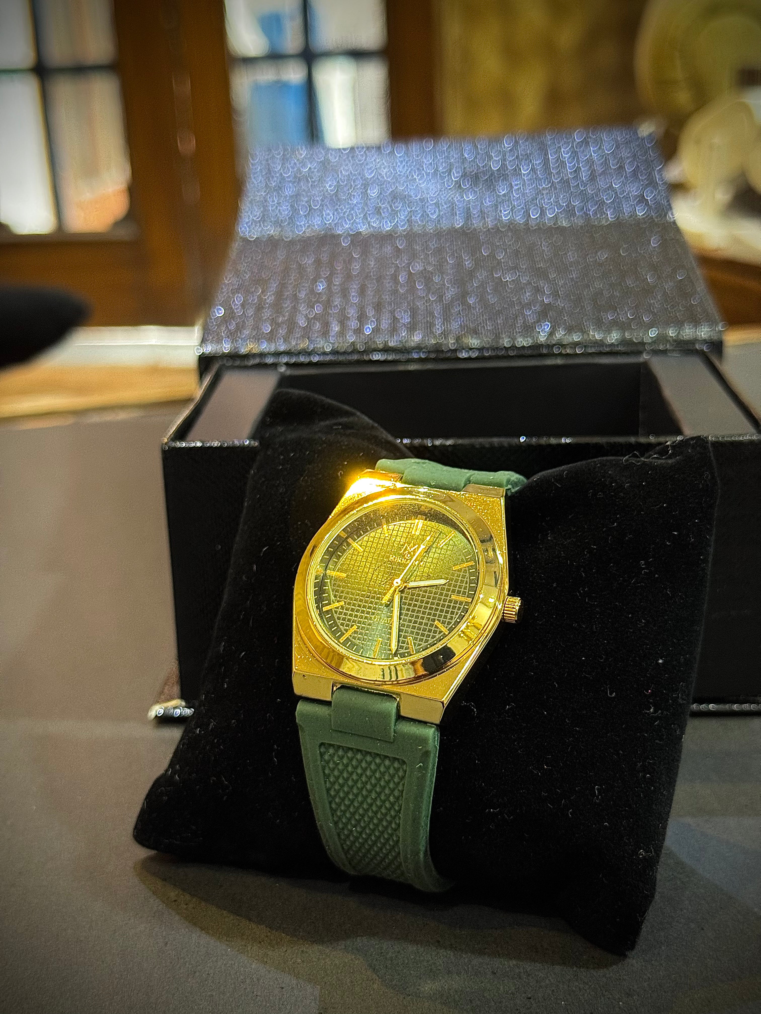 Luxury Green Strap Watch With Golden Shiny Dial – Elegant & Premium Look