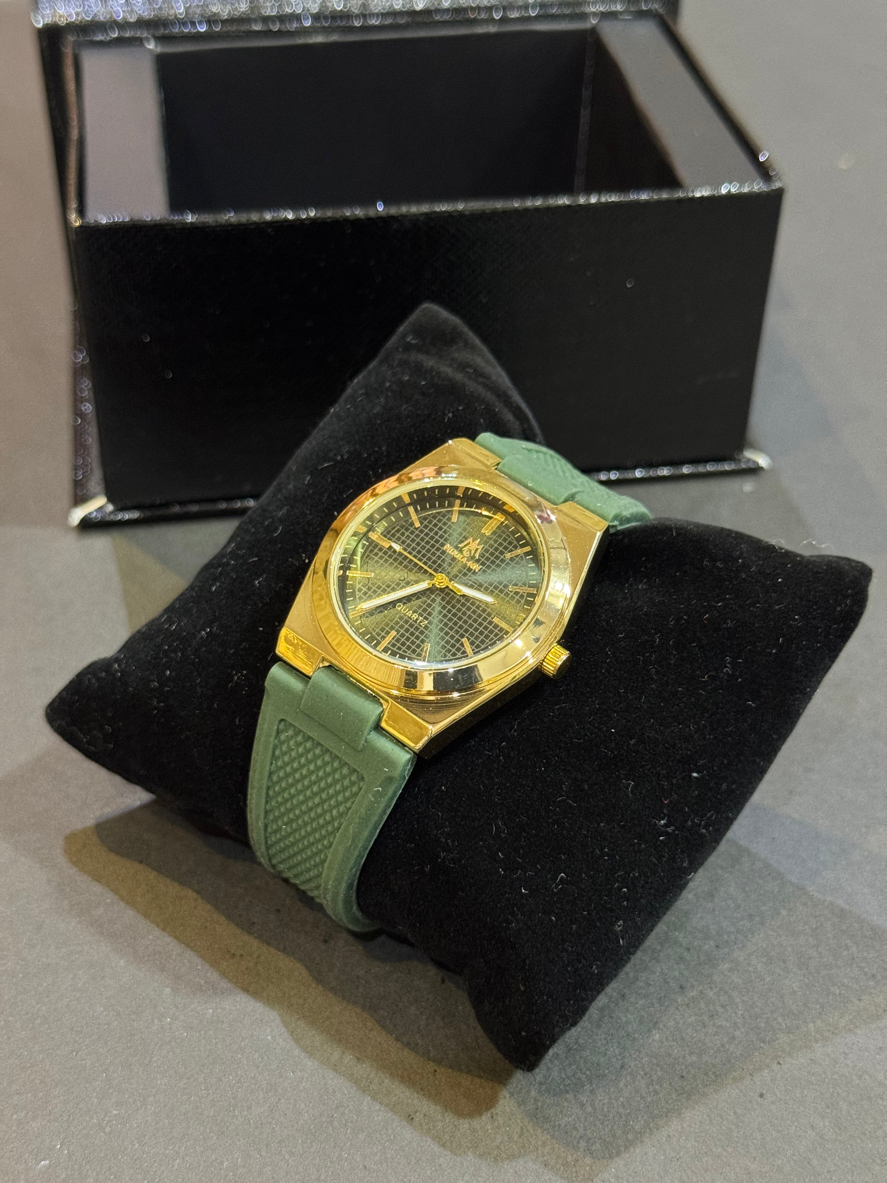Luxury Green Strap Watch With Golden Shiny Dial – Elegant & Premium Look