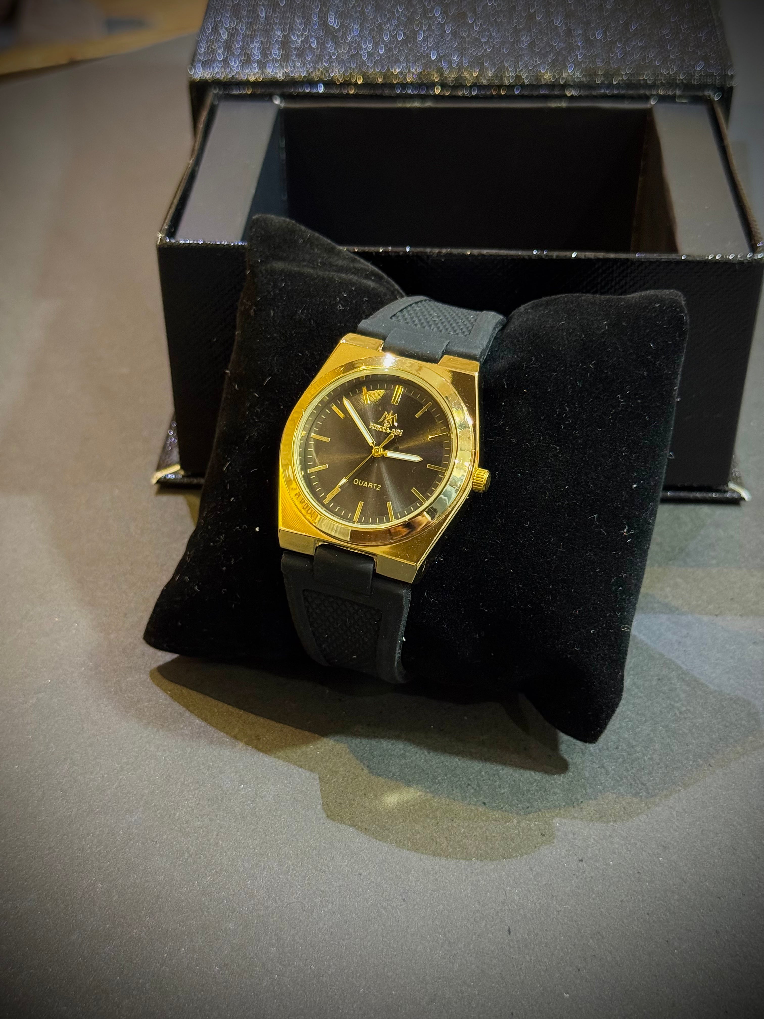 Luxury Black Strap Watch with Golden Shiny Dial – Elegant & Premium Look