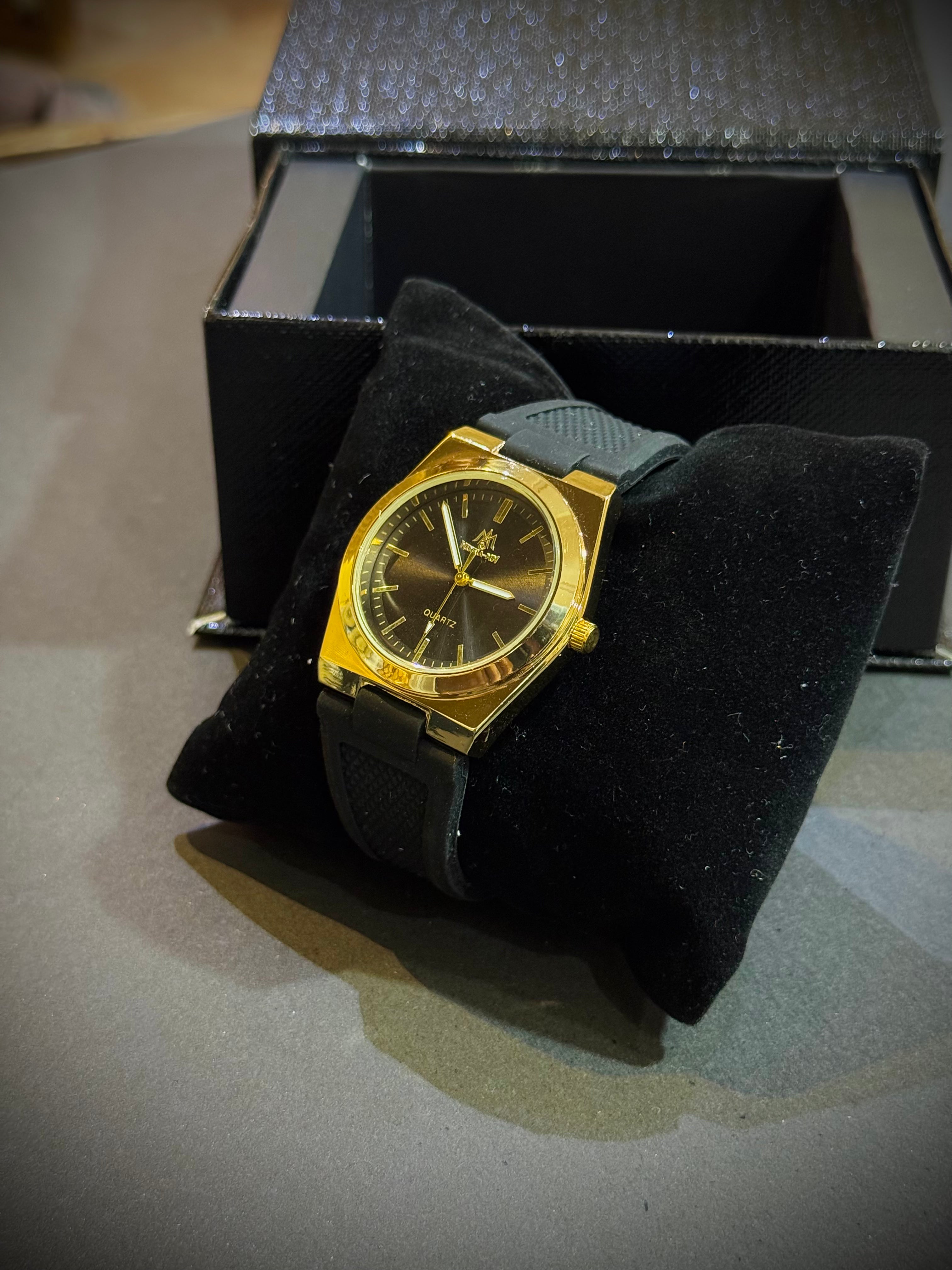 Luxury Black Strap Watch with Golden Shiny Dial – Elegant & Premium Look