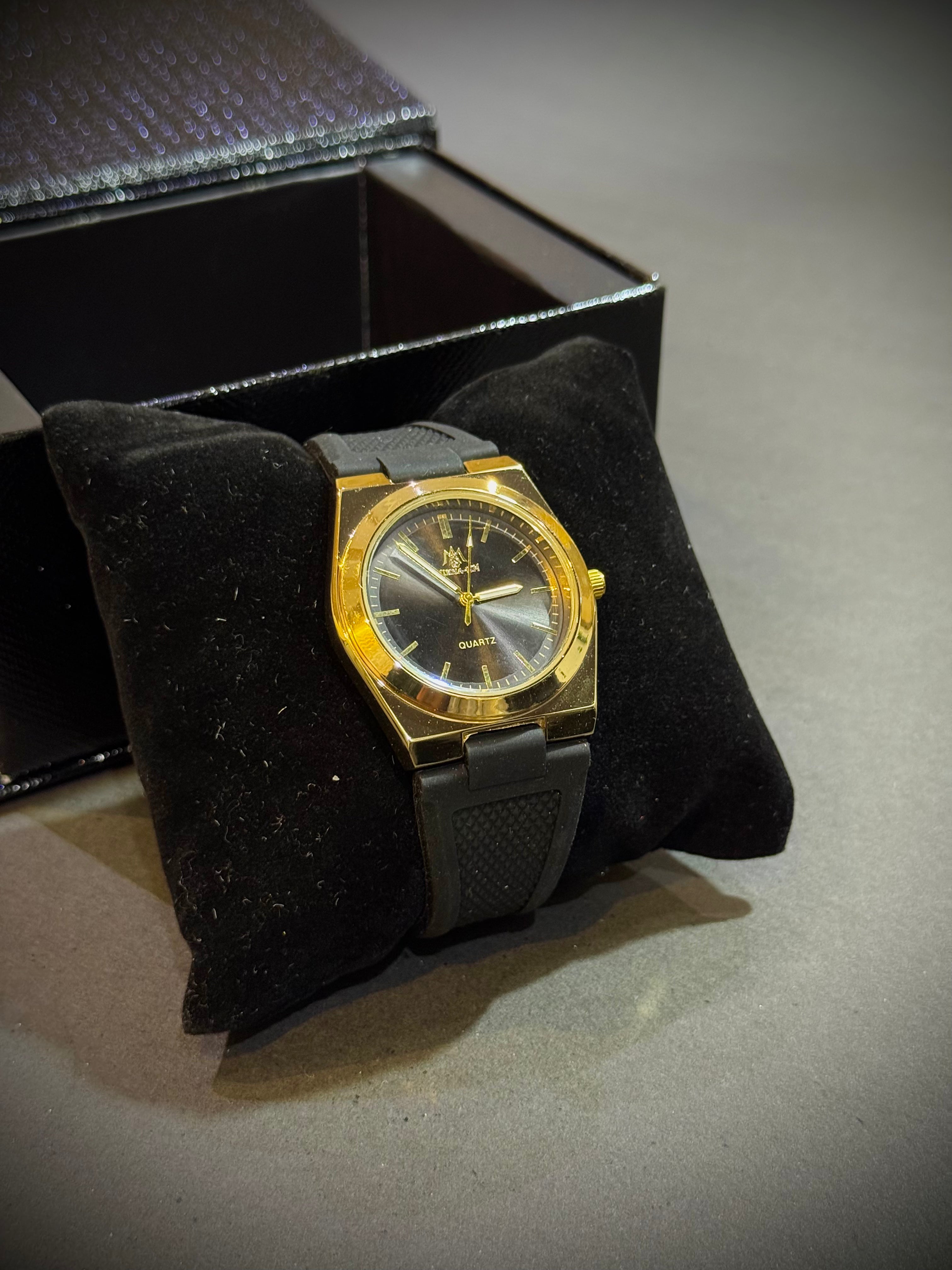 Luxury Black Strap Watch with Golden Shiny Dial – Elegant & Premium Look